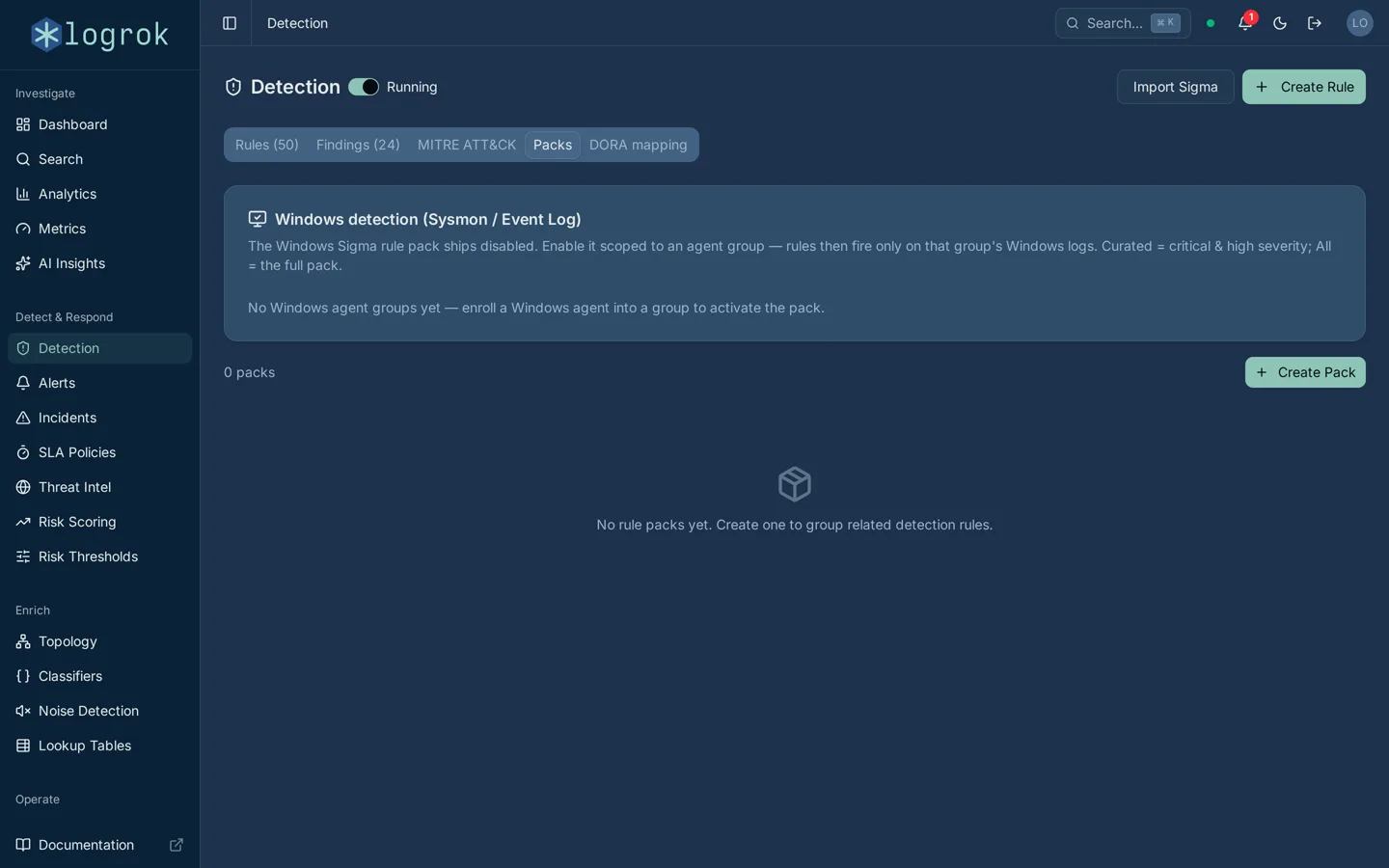 logrok Detection Packs: the Windows detection pack, activated per agent group