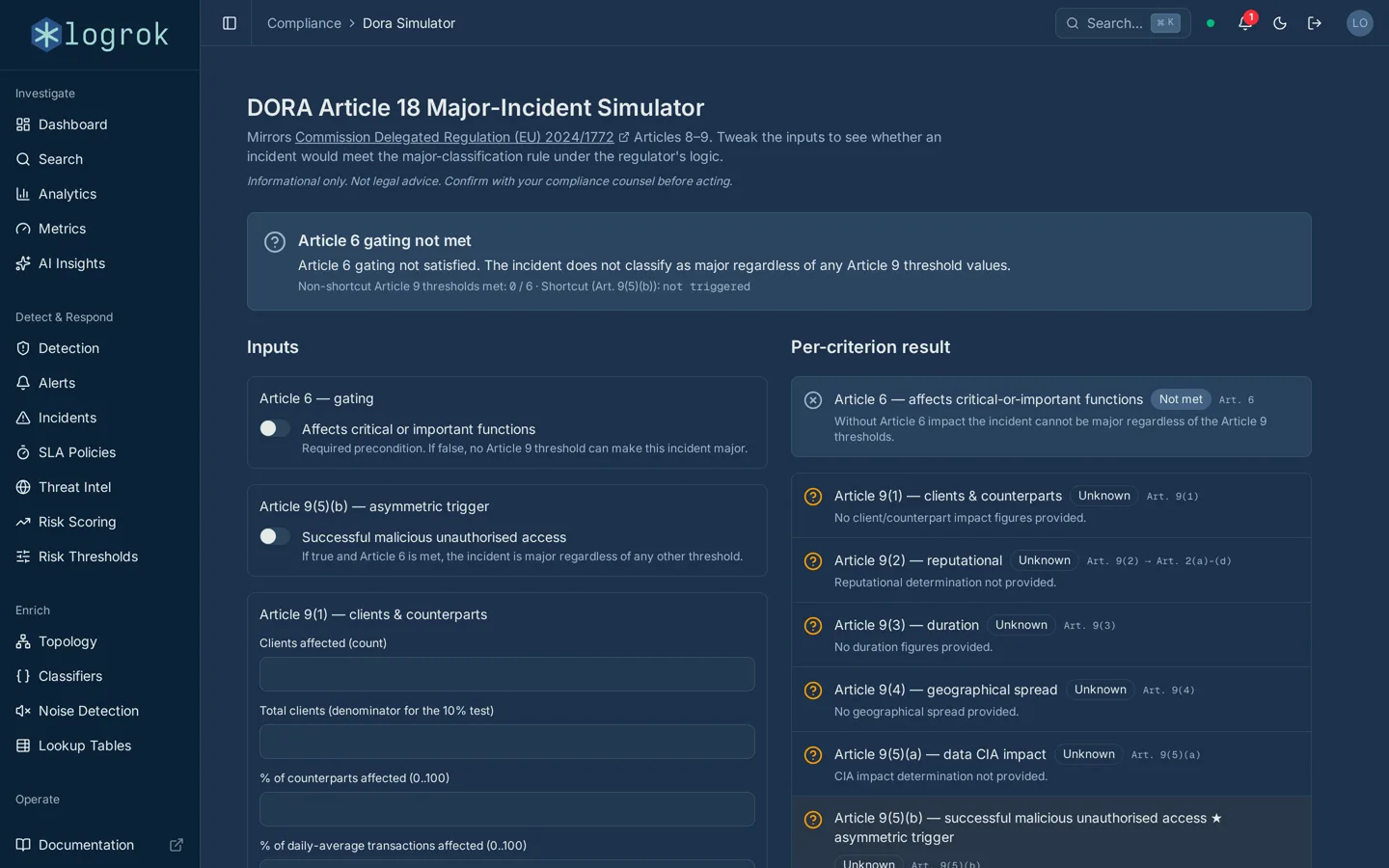 logrok DORA Article 18 major-incident simulator