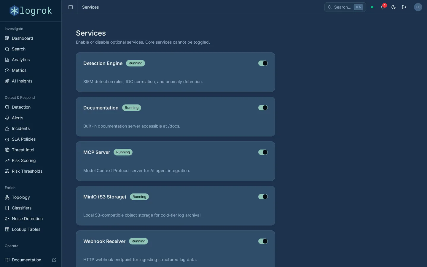 logrok Services page: optional services including the detection engine and the MCP server